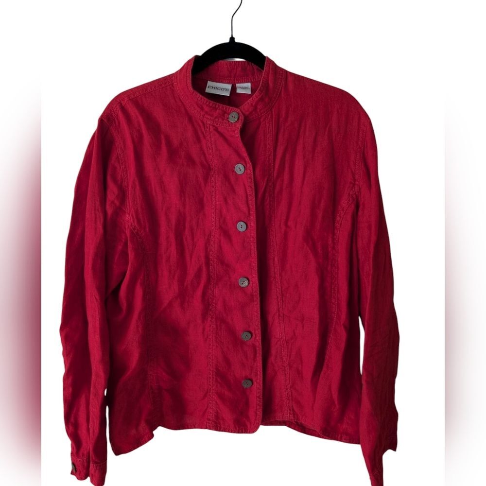 Chico's Red Linen‎ Jacket Button Up Size Large (2) - Picture 2 of 9